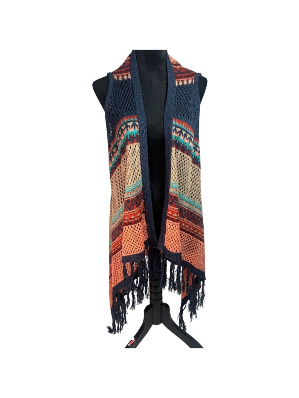Questions Aztec Boho Fringe Sweater Vest XL Tribal Western Open Front Cardigan